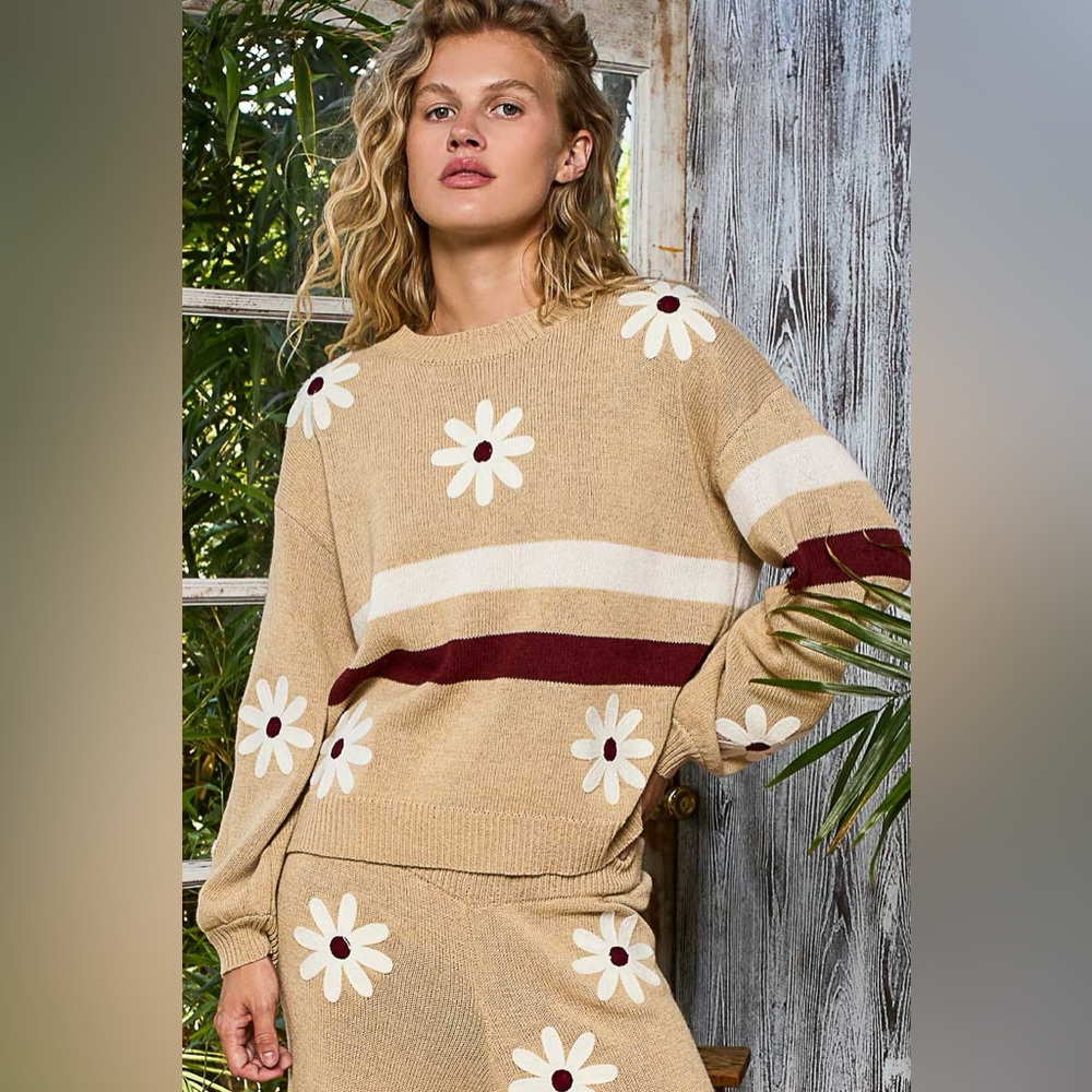 443B. Tan Floral Knit Sweater